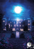 Mansion at night with a bright moon in the sky