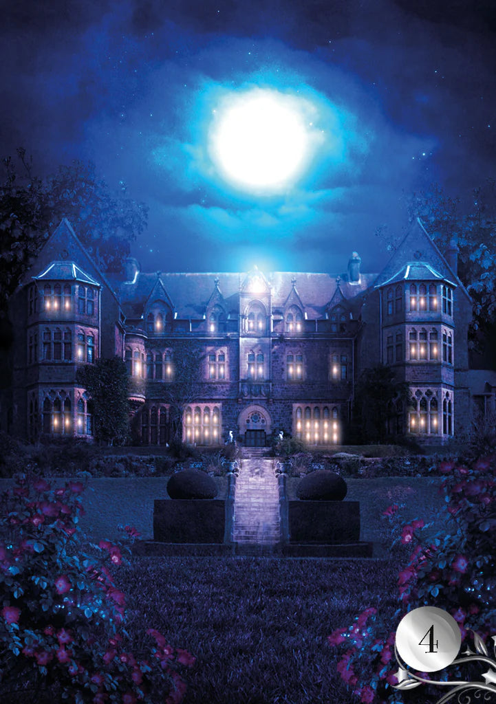 Mansion at night with a bright moon in the sky