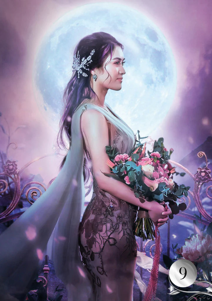 Woman holding flowers with a mystical background and moonlight
