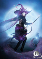 Person in a fantasy costume with a large purple hat and staff, set against a mystical background.