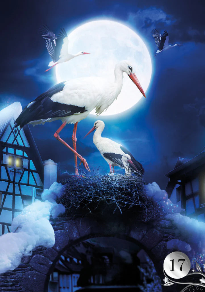 Two storks in a nest with a large moon in the background