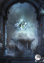 Framed artwork of a stone pedestal with white flowers against a misty background