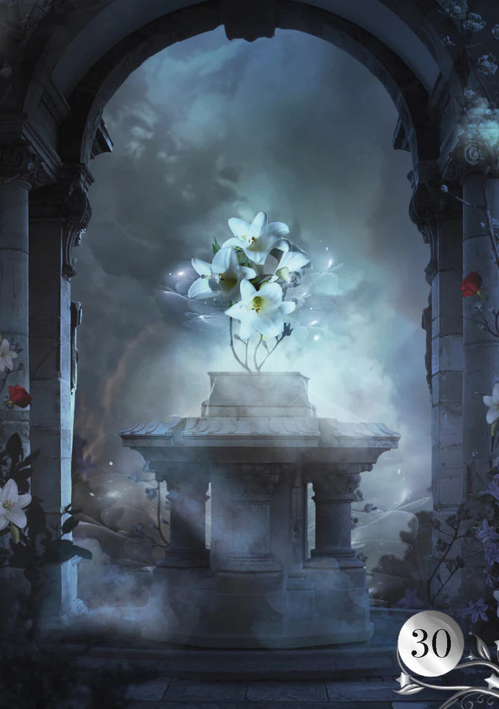 Framed artwork of a stone pedestal with white flowers against a misty background