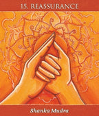 Illustrated cover for '15. Reassurance' featuring two hands in the Shanka Mudra gesture against an orange mandala background, with the title at the top and 'Shanka Mudra' at the bottom.