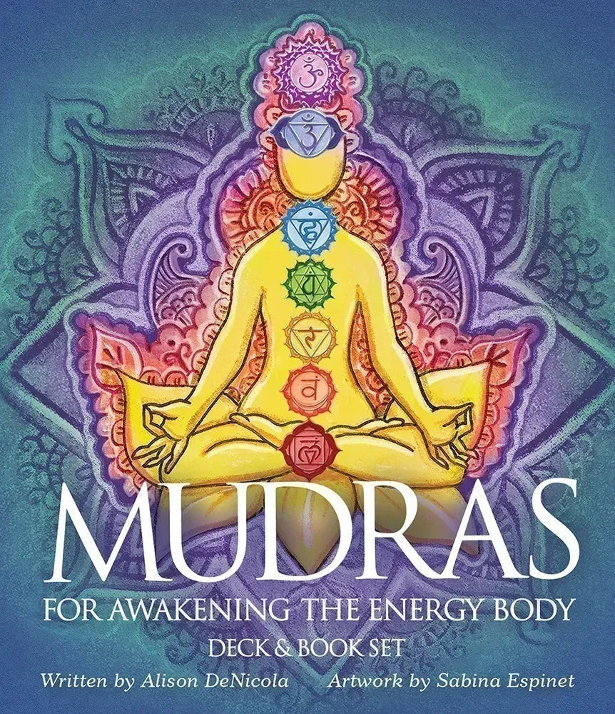 Mudras for Awakening the Energy Body deck and book set cover featuring a meditating figure with colorful chakras on a teal and purple mandala background.