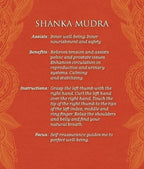 An informational card with a terracotta red background and ornate gold corner flourishes, titled 'SHANKA MUDRA' in white text, followed by benefits and instructions for the hand pose.