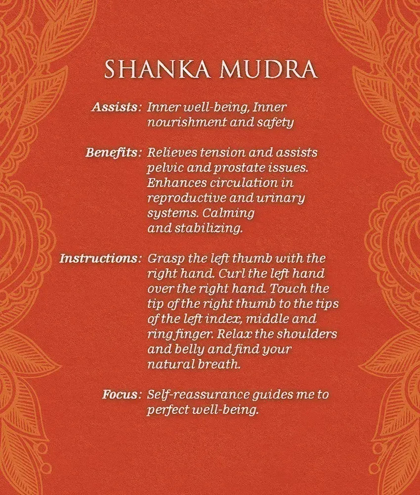 An informational card with a terracotta red background and ornate gold corner flourishes, titled 'SHANKA MUDRA' in white text, followed by benefits and instructions for the hand pose.