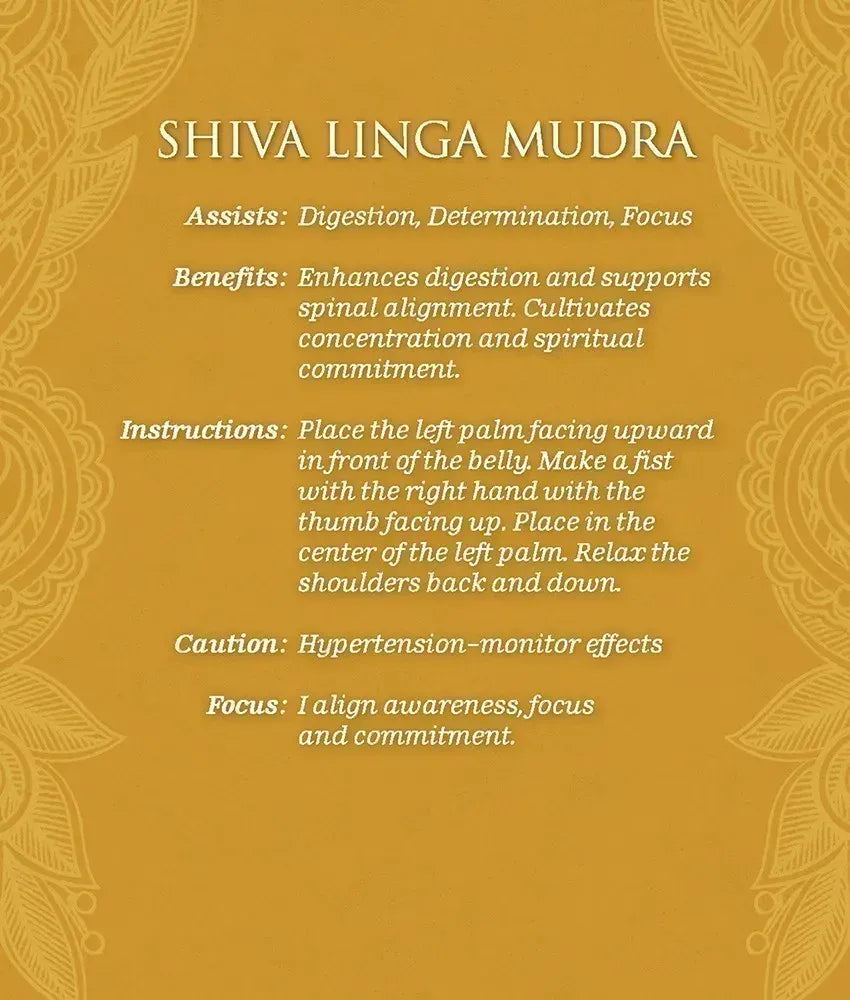 A text-based informational graphic on a mustard yellow background with decorative corner motifs. The text reads 'SHIVA LINGA MUDRA' followed by benefits, instructions, caution, and focus points in white lettering.