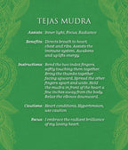 A green square informational card with white text titled 'TEJAS MUDRA' and decorative leaf border graphics in the corners, describing benefits, instructions, and cautions for the yoga pose.
