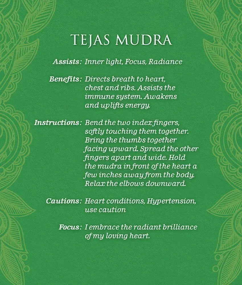 A green square informational card with white text titled 'TEJAS MUDRA' and decorative leaf border graphics in the corners, describing benefits, instructions, and cautions for the yoga pose.