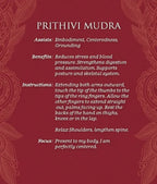 A red informational card titled 'PRITHIVI MUDRA' with white text listing benefits, instructions, and focus, framed by subtle ornamental floral borders in the corners.