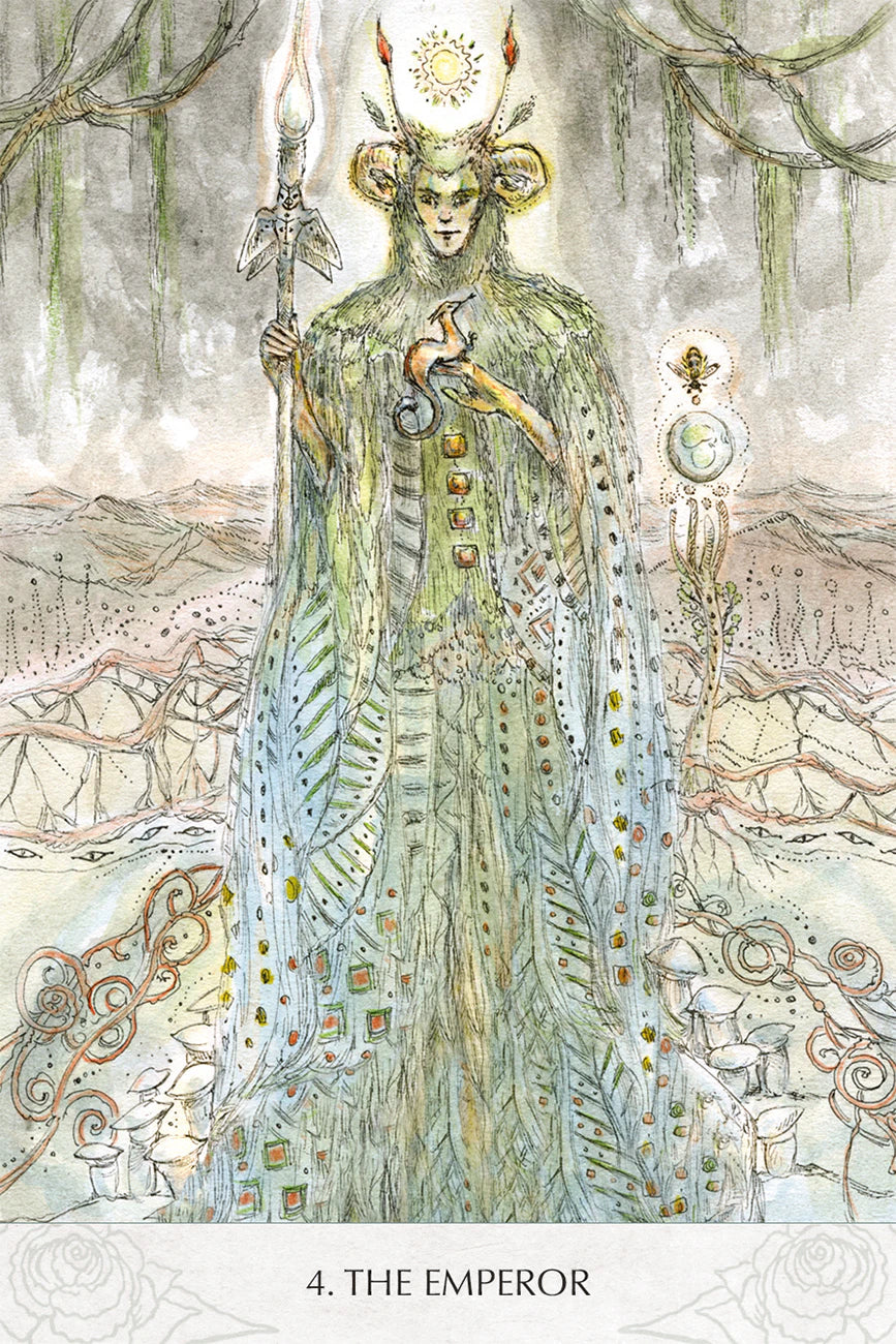 Illustration of 'The Emperor' card from a tarot deck, featuring a figure in regal attire with a forest background.