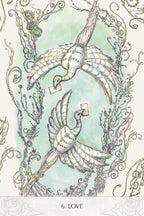 Decorative illustration of two birds with a 'LOVE' card surrounded by foliage on a light background.