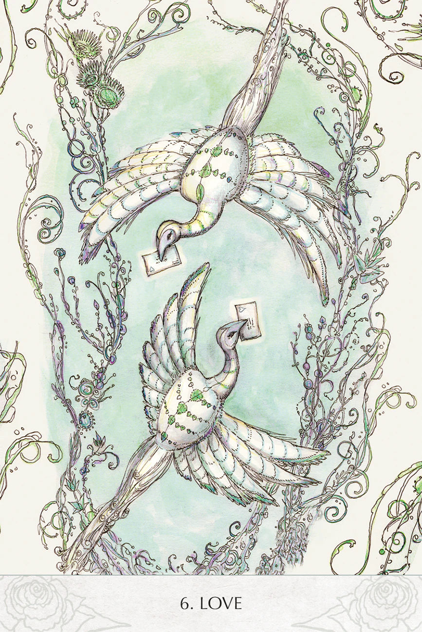 Decorative illustration of two birds with a 'LOVE' card surrounded by foliage on a light background.