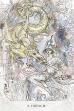 Illustration of a woman with a dragon, titled 'Strength', in a stylized artistic style.