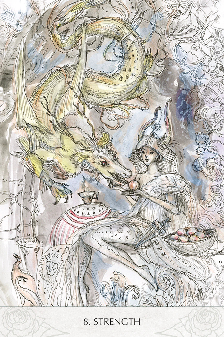 Illustration of a woman with a dragon, titled 'Strength', in a stylized artistic style.