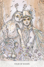 Illustration of a woman holding an owl with decorative elements and text 'Four of Wands' at the bottom.