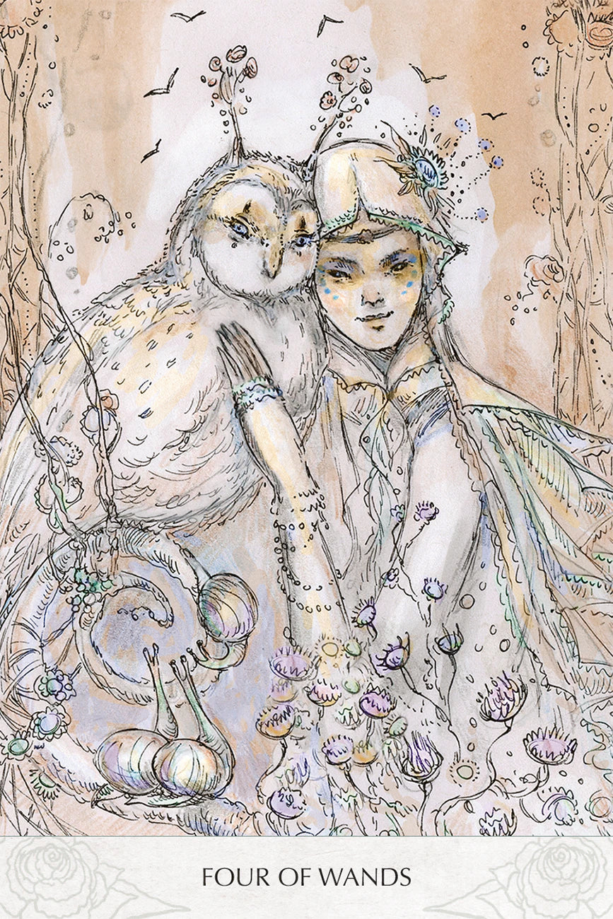 Illustration of a woman holding an owl with decorative elements and text 'Four of Wands' at the bottom.