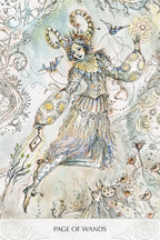 Illustration of a figure labeled 'Page of Wands' with intricate designs and symbols.