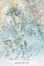 Illustration of a mystical figure labeled 'Queen of Cups' with intricate designs and patterns.