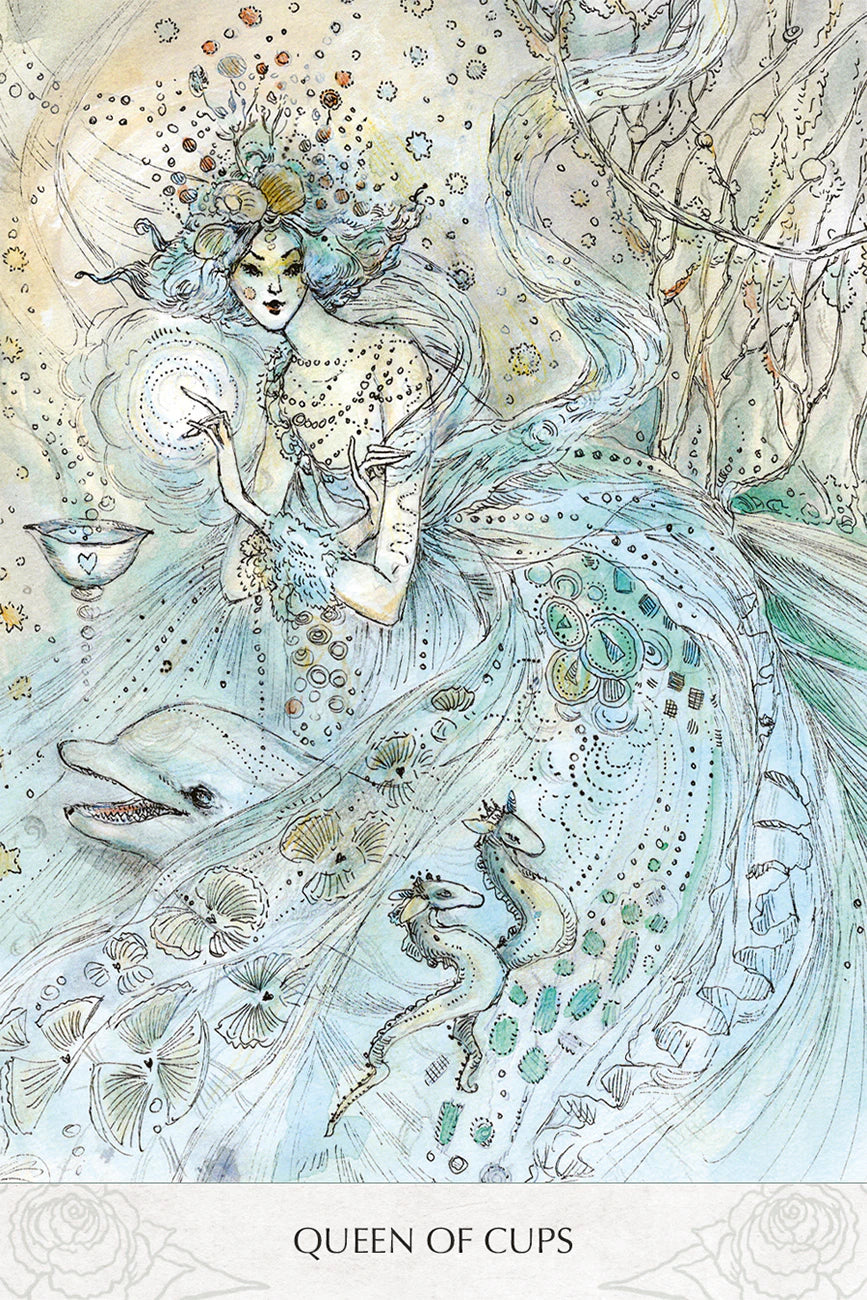 Illustration of a mystical figure labeled 'Queen of Cups' with intricate designs and patterns.