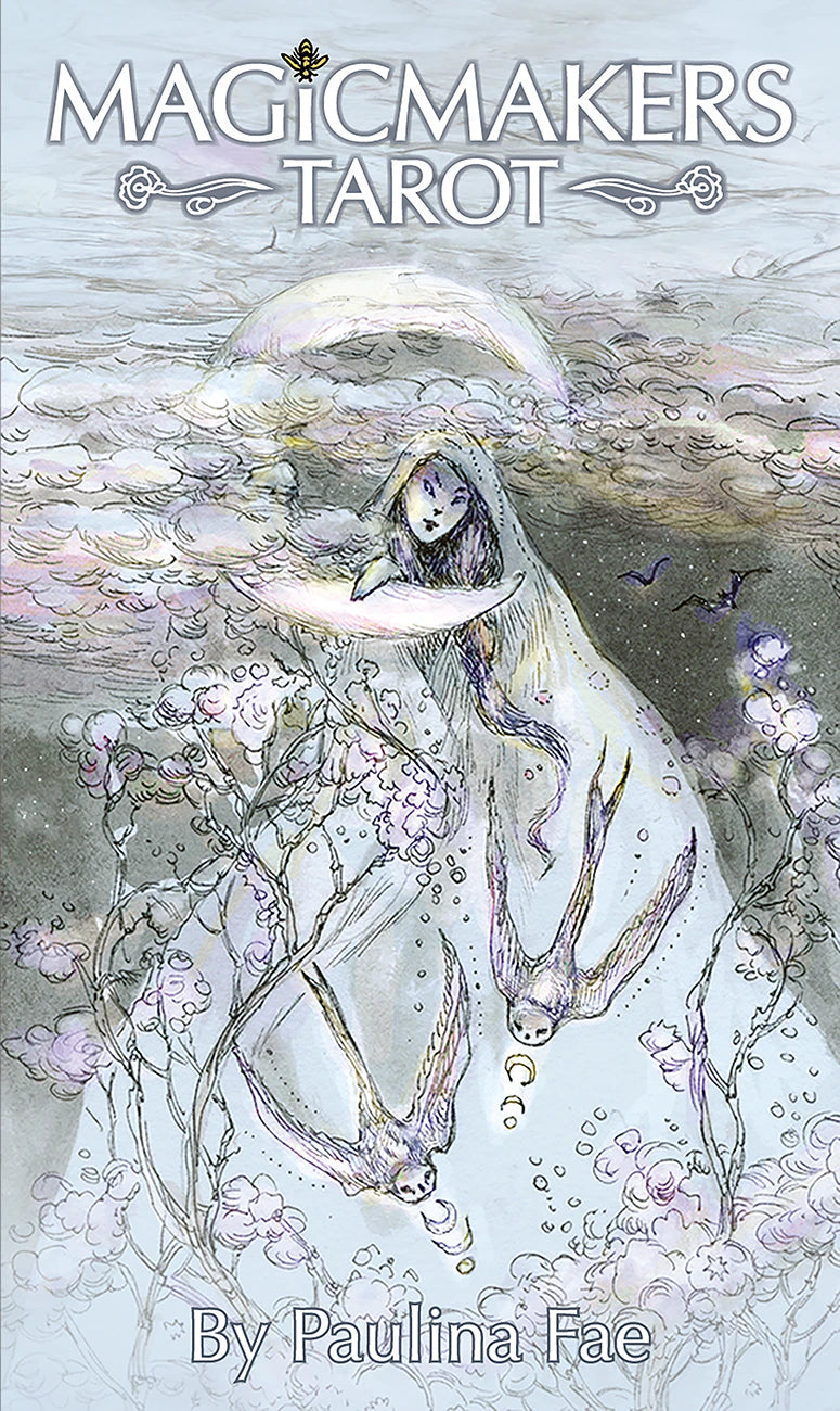 Cover of 'MagicMakers Tarot' by Paulina Fae featuring a hooded figure with flowers and birds.