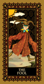 Tarot card featuring 'The Fool' with a person in an orange robe and jester hat against a decorative border.