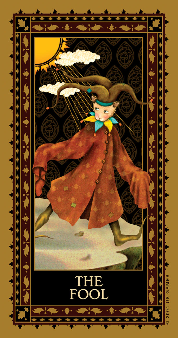 Tarot card featuring 'The Fool' with a person in an orange robe and jester hat against a decorative border.