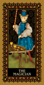 Tarot card featuring 'The Magician' with a magician in blue attire and a cat, set against a decorative border.
