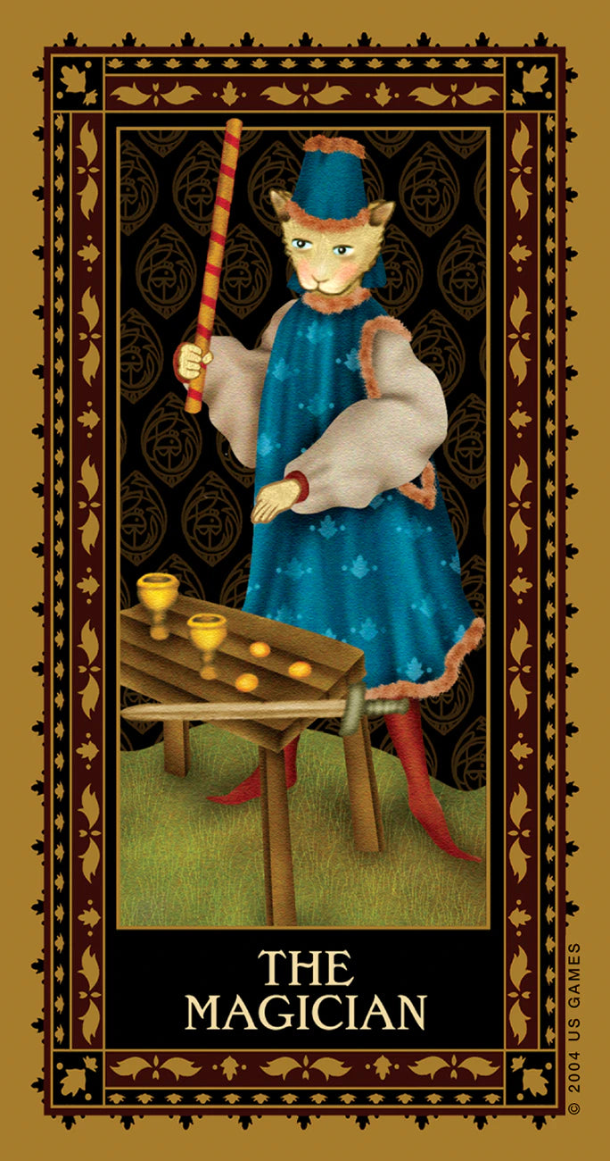 Tarot card featuring 'The Magician' with a magician in blue attire and a cat, set against a decorative border.