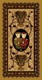 Decorative card with two cats holding a heart, surrounded by intricate designs on a beige background.