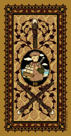 Decorative card with a central illustration of a teddy bear in a ship's wheel, surrounded by intricate patterns on a beige background.