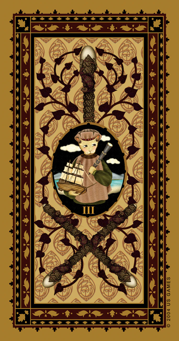 Decorative card with a central illustration of a teddy bear in a ship's wheel, surrounded by intricate patterns on a beige background.