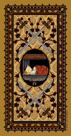 Decorative design with crossed swords and a central scene on a beige background