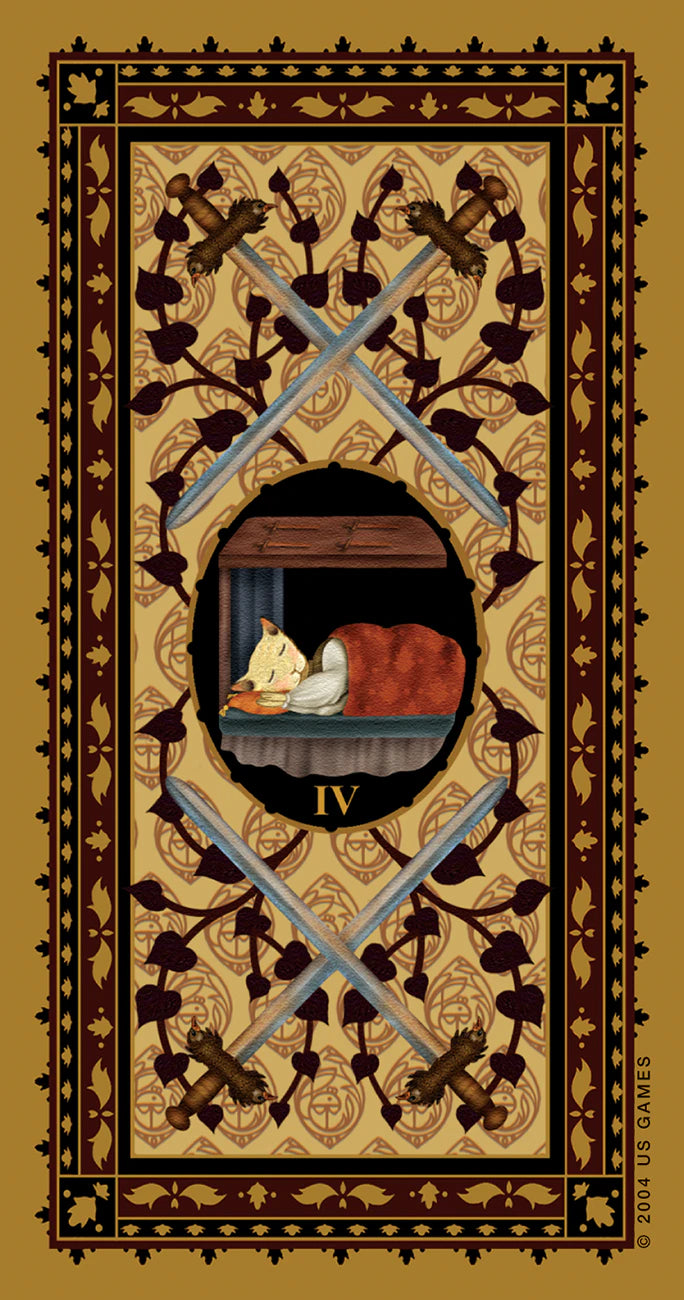 Decorative design with crossed swords and a central scene on a beige background