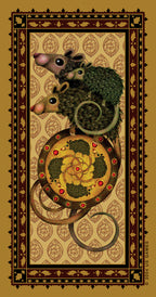 Decorative card with a stylized illustration of a snake and mice on a patterned background
