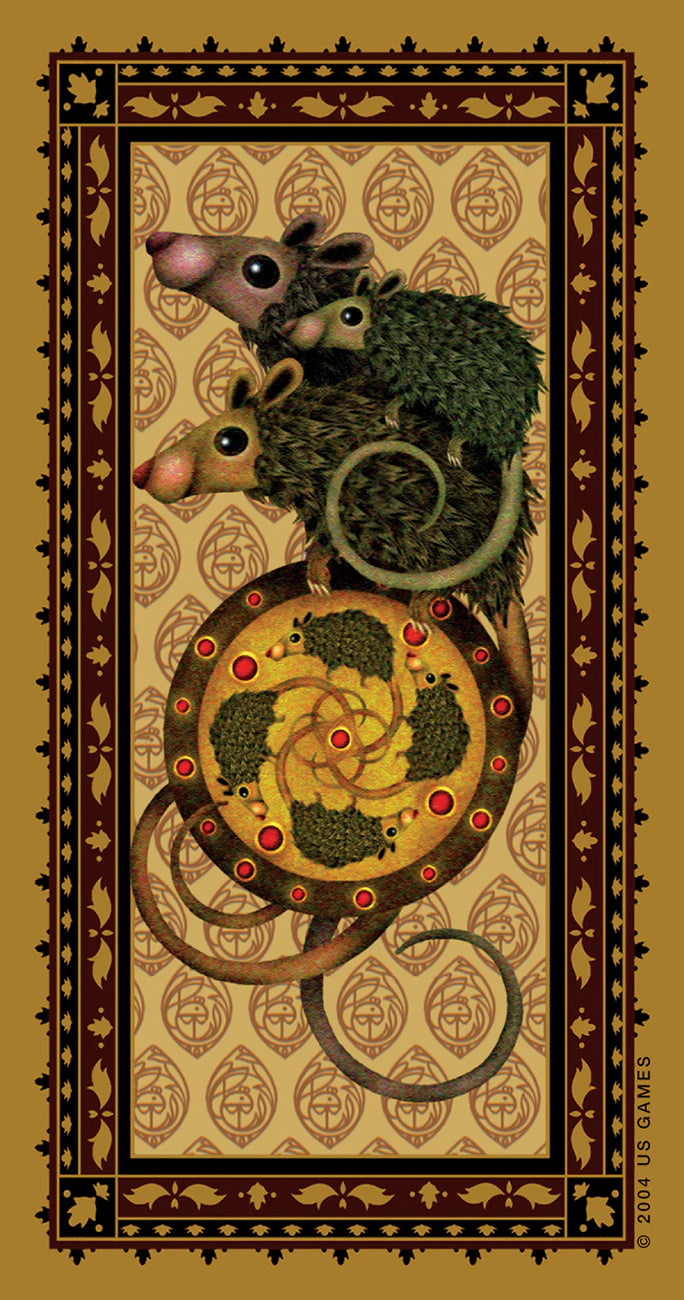 Decorative card with a stylized illustration of a snake and mice on a patterned background