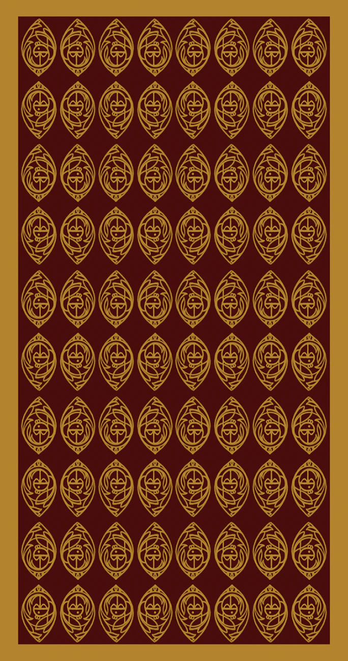 Patterned design with gold symbols on a red background