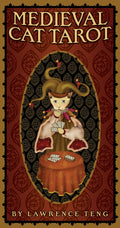 Cover of 'Medieval Cat Tarot' by Lawrence Teng with a tarot card design featuring a cat and cards.