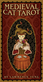 Cover of 'Medieval Cat Tarot' by Lawrence Teng with a tarot card design featuring a cat and cards.