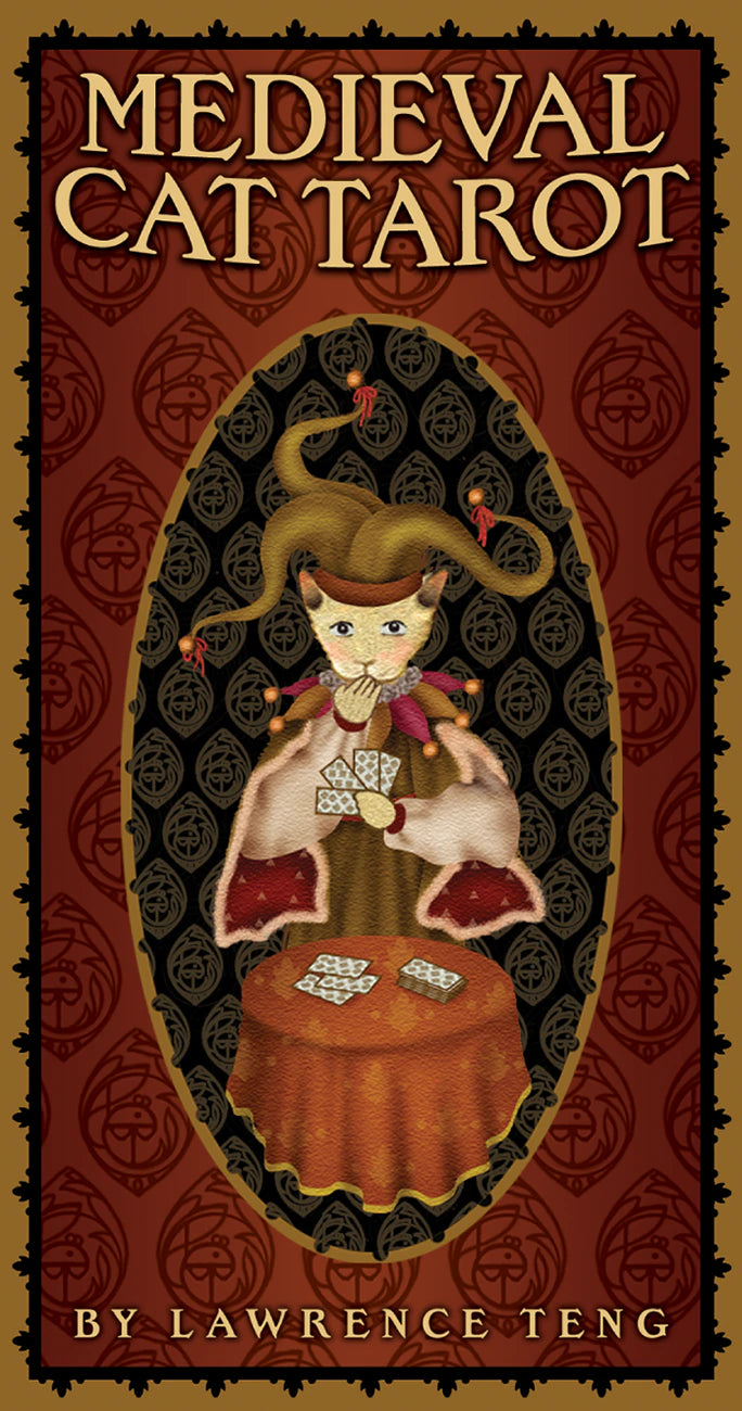 Cover of 'Medieval Cat Tarot' by Lawrence Teng with a tarot card design featuring a cat and cards.
