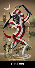 Artistic depiction of 'The Fool' tarot card with a stylized figure and fish, set against a cityscape background.