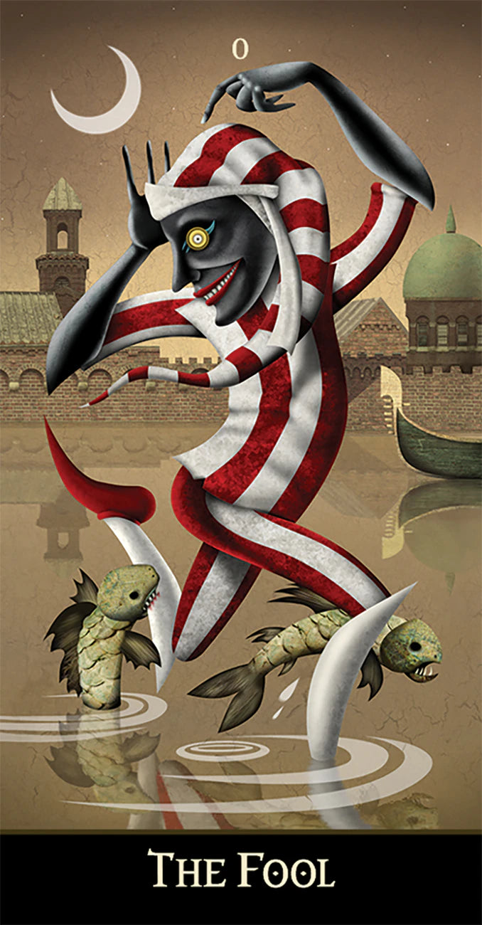 Artistic depiction of 'The Fool' tarot card with a stylized figure and fish, set against a cityscape background.