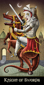 Card featuring a knight on a dragon with 'Knight of Swords' text at the bottom.