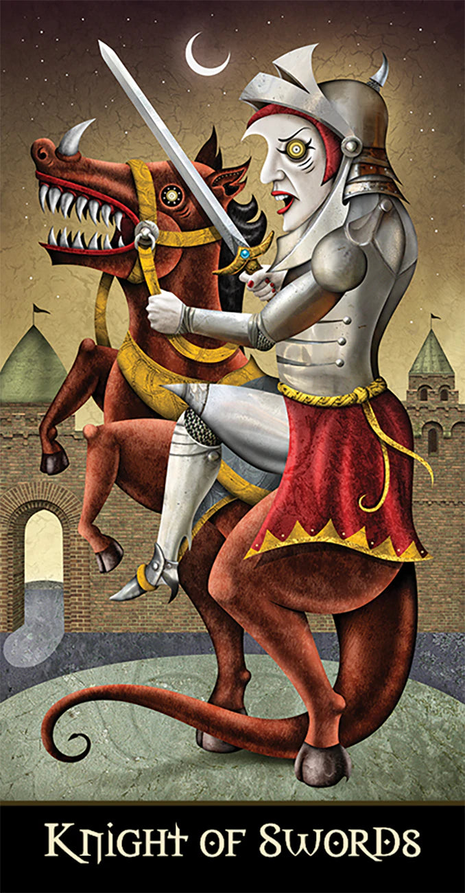 Card featuring a knight on a dragon with 'Knight of Swords' text at the bottom.
