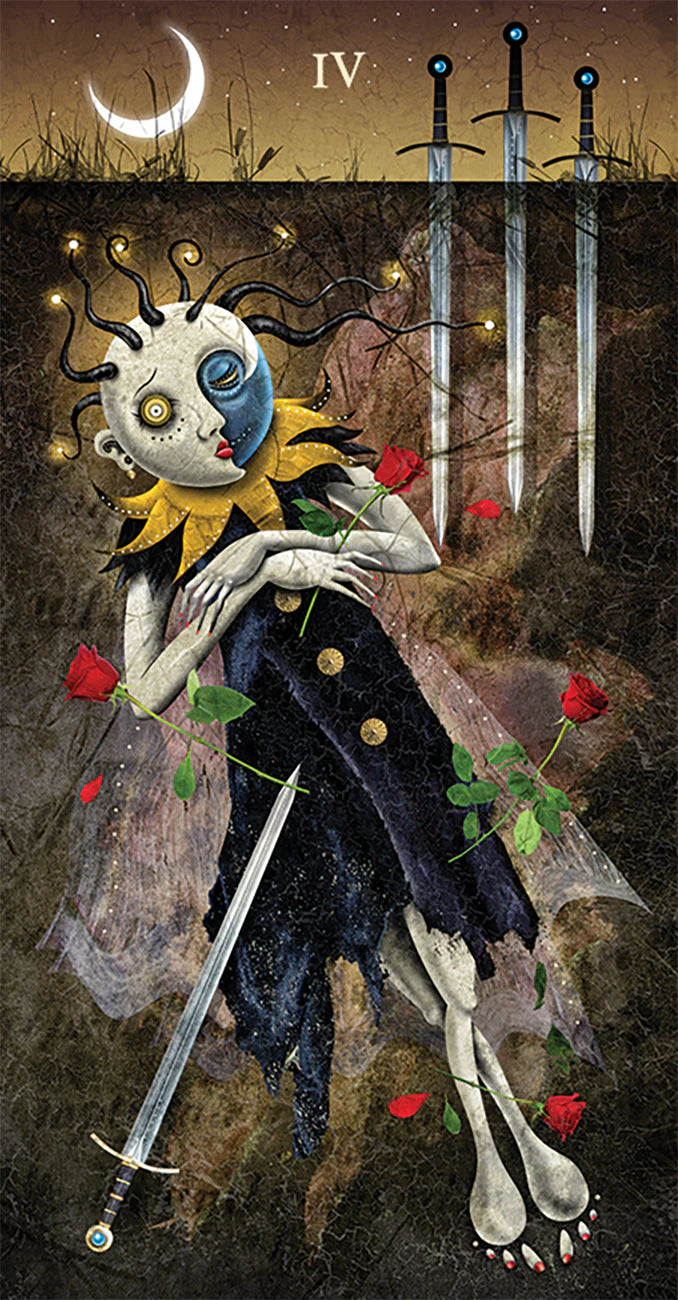 Artistic depiction of a figure with swords and a moon symbol, resembling a tarot card.