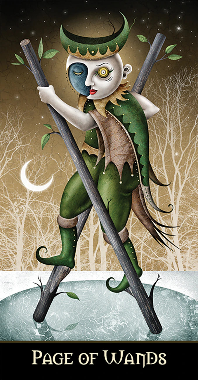 Fantasy character with green attire and staff in a mystical forest setting, labeled 'Page of Wands'.