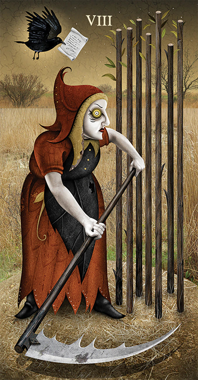 Artistic depiction of a figure with a scythe in a barren landscape, featuring a crow and a signpost.