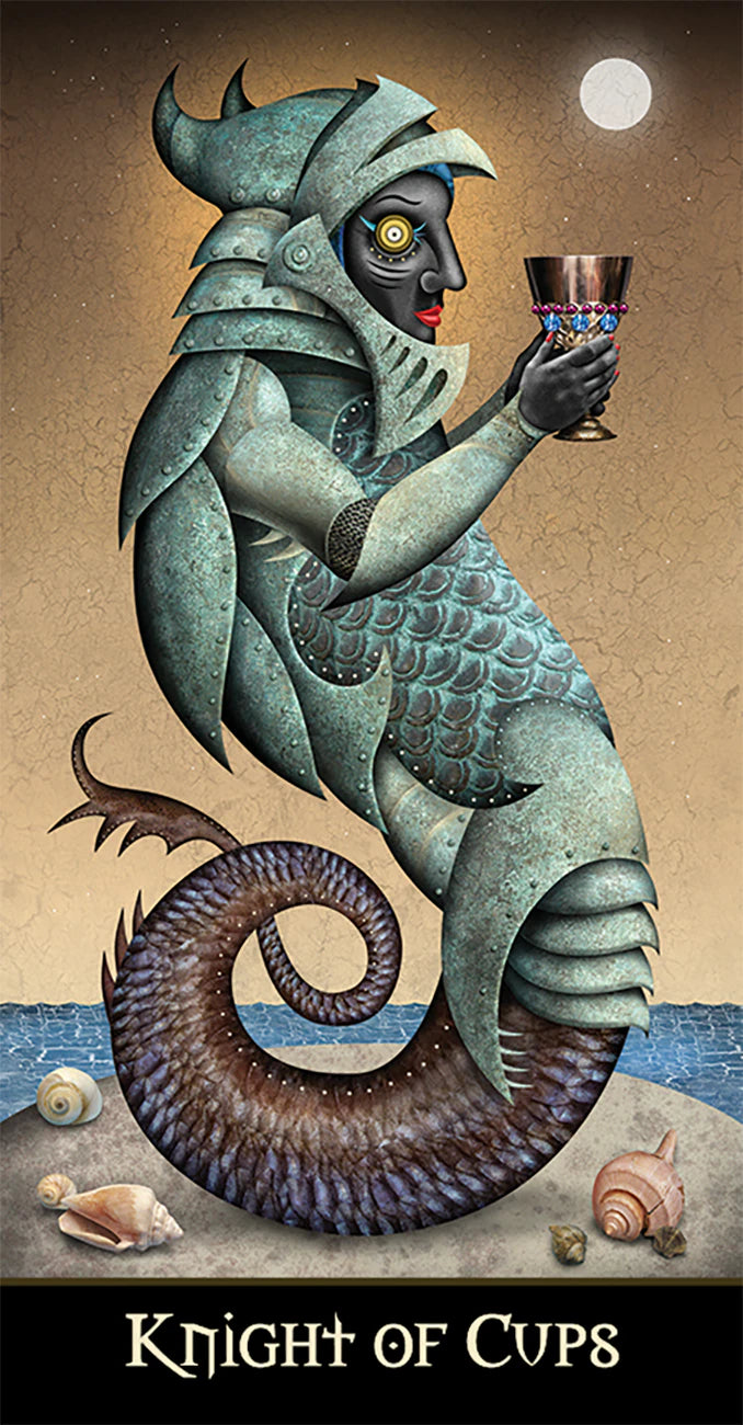 Illustration of a dragon-like figure holding a cup with a moonlit background, labeled 'Knight of Cups'.
