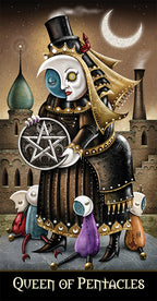 Illustration of a character labeled 'Queen of Pentacles' with a castle and moon in the background.
